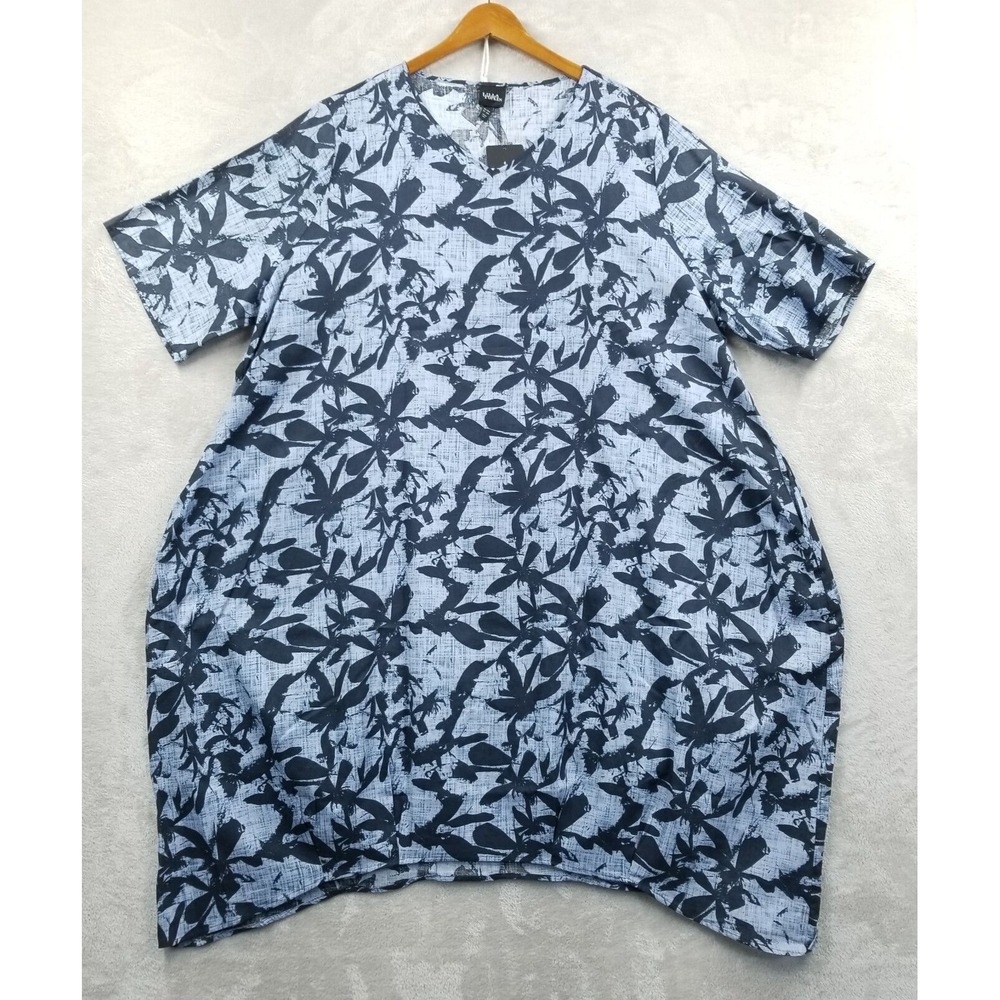 Ulla Popken‎ Dress Women 24/26 Blue Leaves Silhouette Short Sleeve Midi V Neck